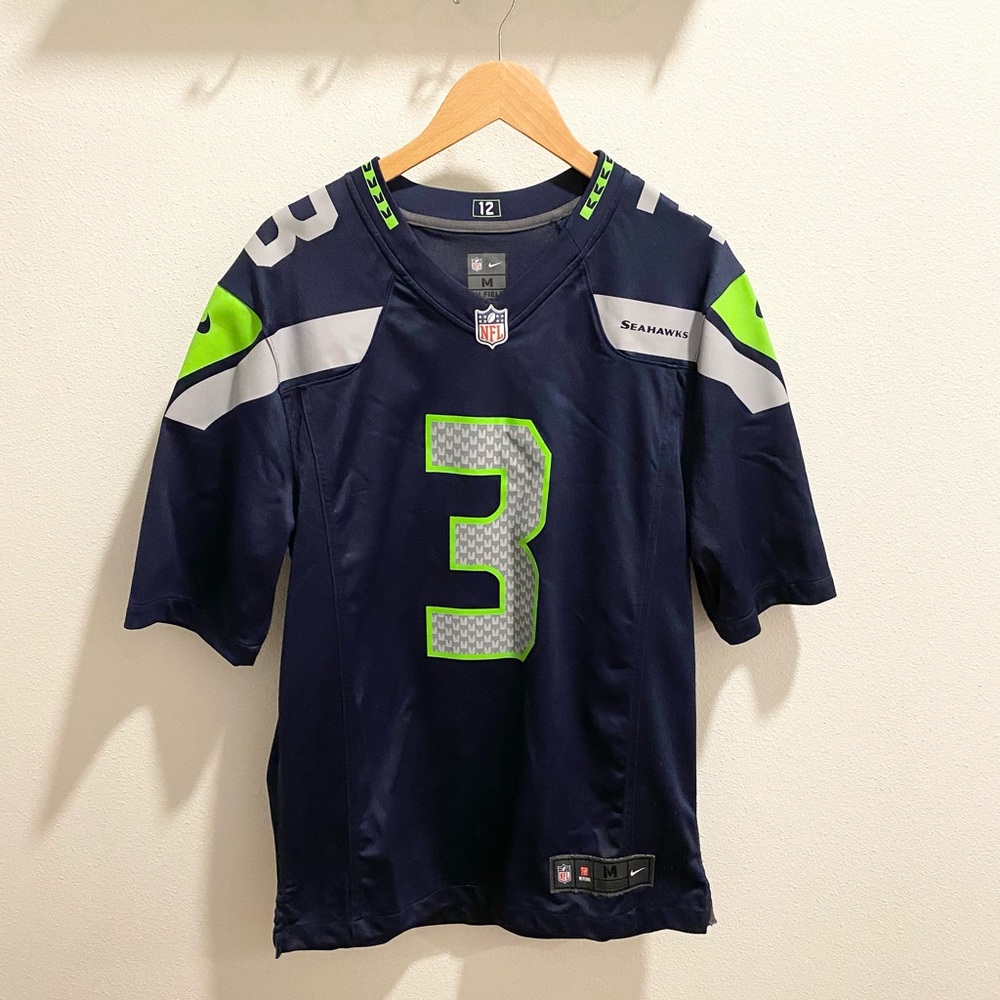Nike NFL Seahawks #3 Russel Wilson Jersey in Navy Blue and Neon Green